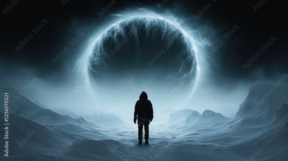 Silhouetted person facing a glowing orb in a desolate, snowy landscape at night. Silhouetted person facing a glowing orb in a desolate, snowy landscape at night.