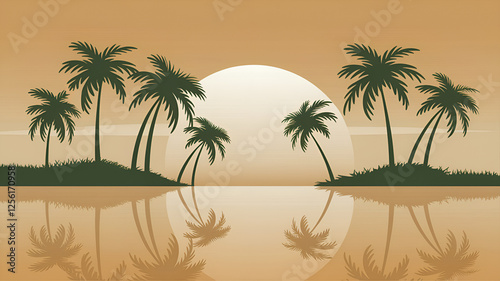 Tropical sunset illustration with palm trees reflecting on calm water surface