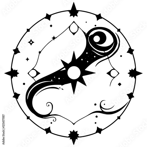 Celestial Eye: An artistic depiction of a celestial body with a stylized "eye," stars, and a star-like compass, all within a circle.