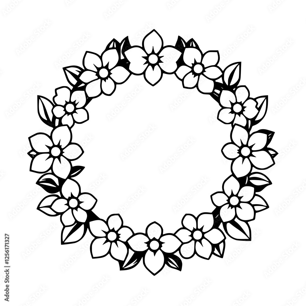 Floral Wreath: A minimalistic illustration of a circular wreath composed of flowers and leaves. Floral Wreath: A minimalistic illustration of a circular wreath composed of flowers and leaves.