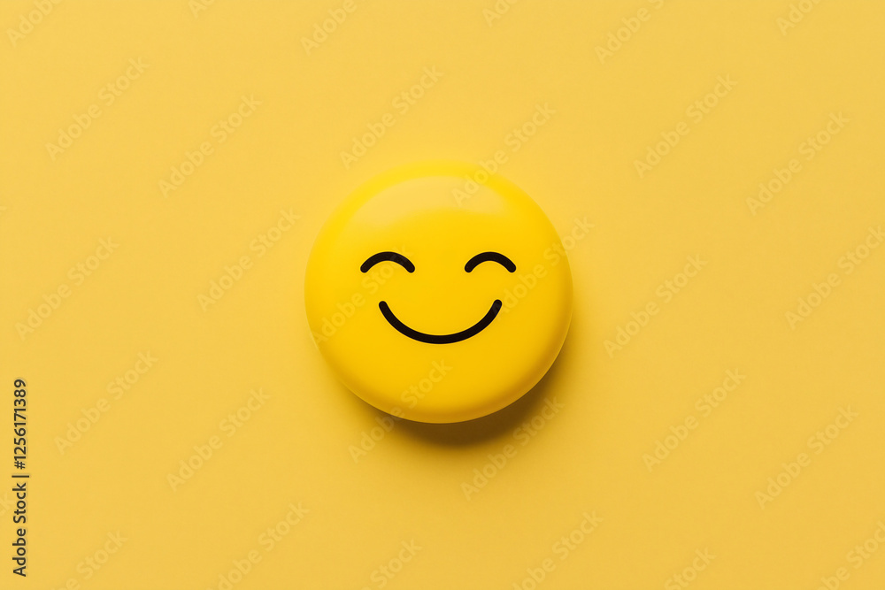 Fototapeta premium Smiling Yellow Emoji: A cheerful yellow emoticon with a simple, joyful smile, set against a vibrant yellow background. The image evokes feelings of happiness, positivity, and good vibes.