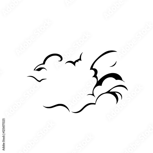 Minimalist black and white cloud and bat silhouette, minimalis, illustration of a flight.