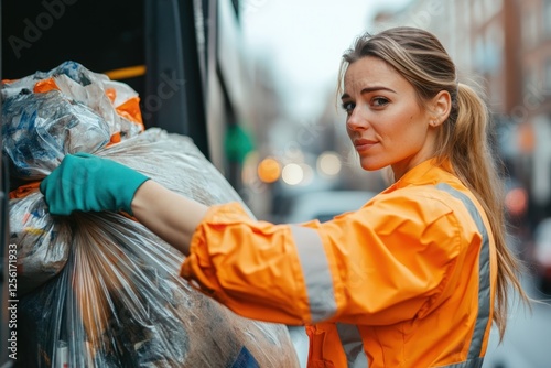 Female sanitation worker loading garbage bag into truck in city street photo
