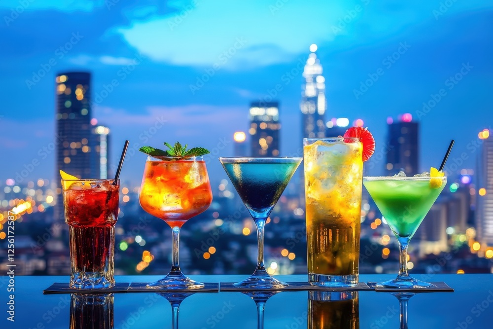 Naklejka premium Colorful cocktails line a rooftop bar with kuala lumpur skyline at twilight