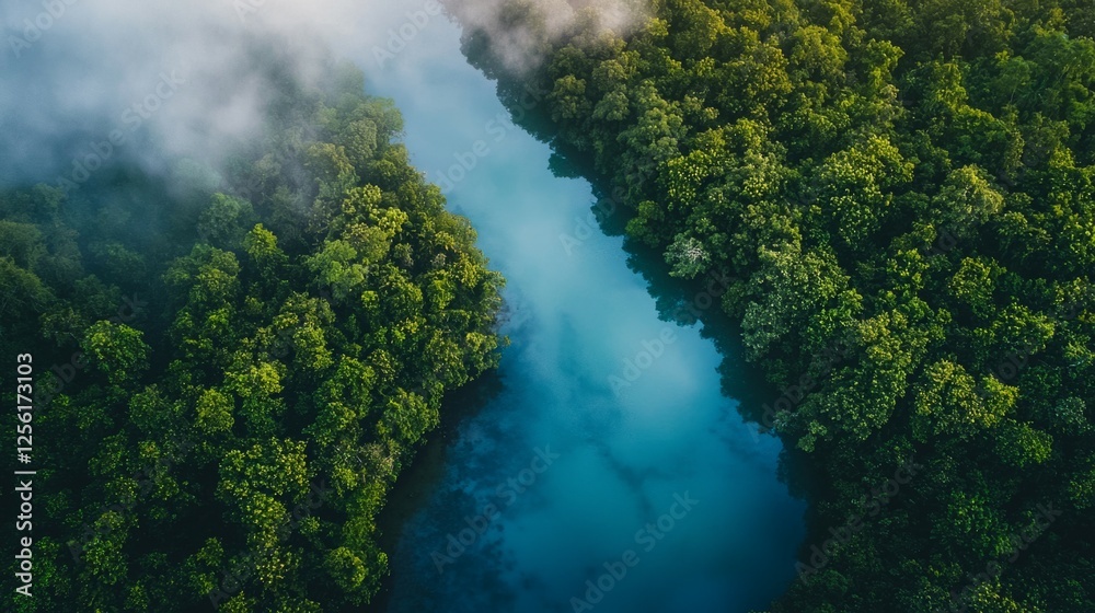Serene Aerial View of Lush Green Forest Surrounding Calm River