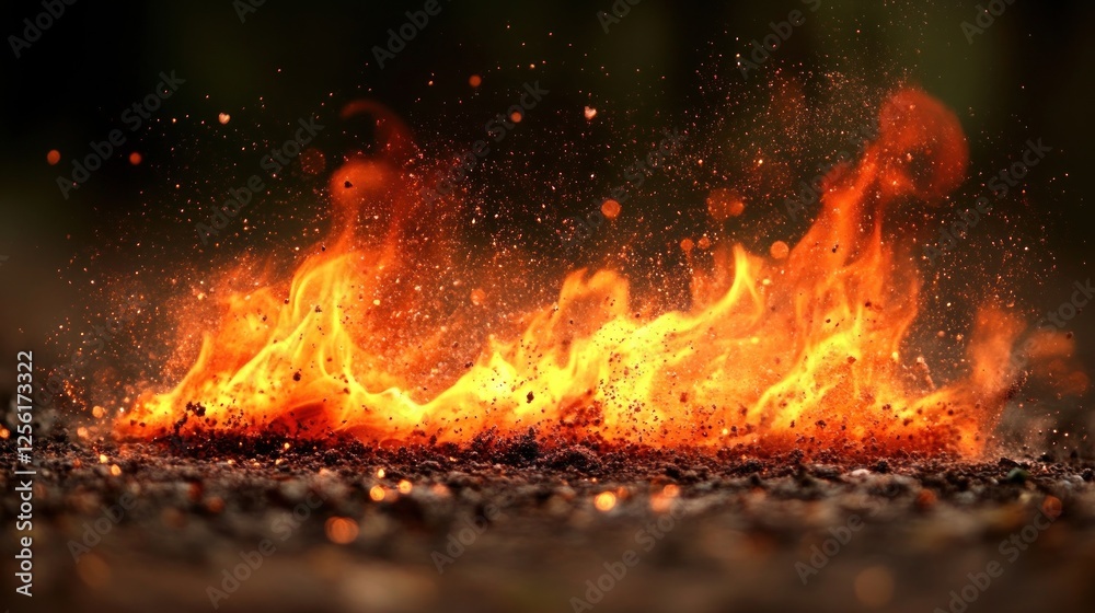 Naklejka premium Fiery blaze with embers and sparks on dark background.