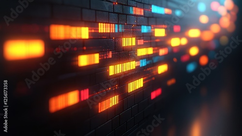 Abstract glowing data stream on dark brick wall.