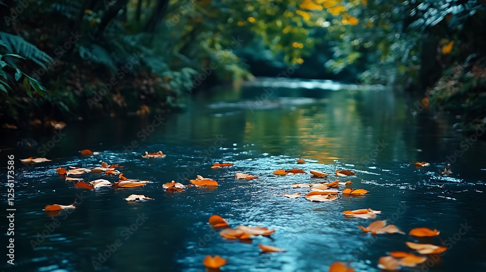 Calm autumn stream with fallen leaves floating on dark water. Calm autumn stream with fallen leaves floating on dark water.
