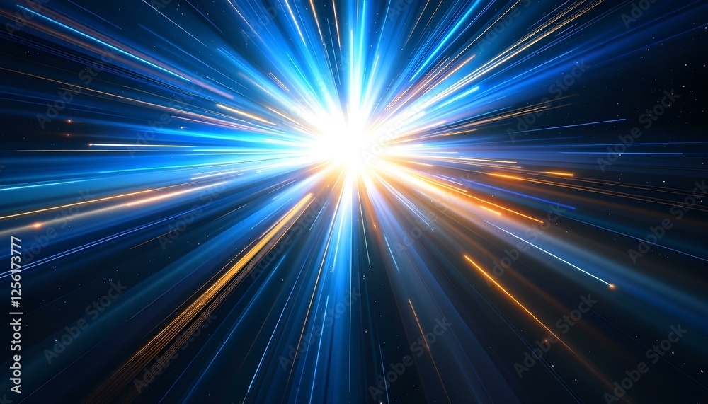 Obraz premium Un estallido de luz que irradia desde un punto central, creando rayas de tonos dorados y azules que se extienden hacia afuera