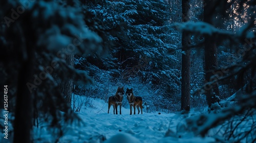 Two wolves standing in a snowy forest at twilight.