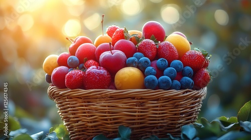 Sunlit basket overflowing with fresh summer berries and stone fruits.