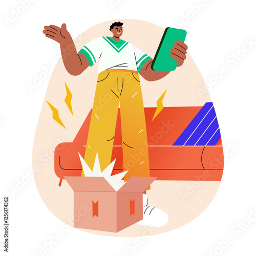 A flat illustration of a character doing parcel unboxing 