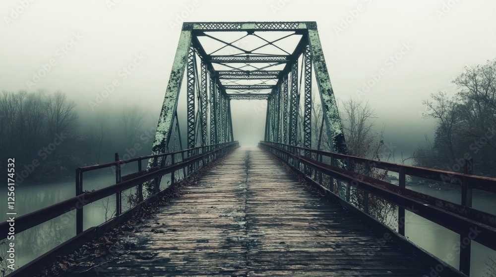Obraz premium Misty Bridge Over Calm Water in a Foggy Landscape Scene