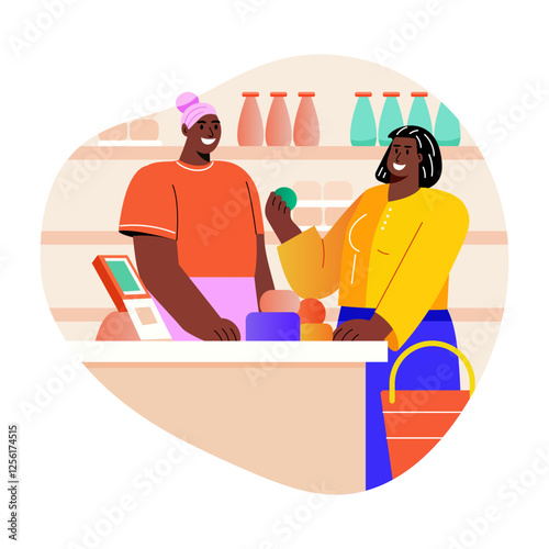 A flat illustration of two characters standing at checkout counter 