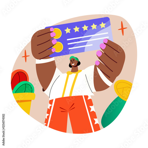 A flat style illustration of a character having loyalty card 