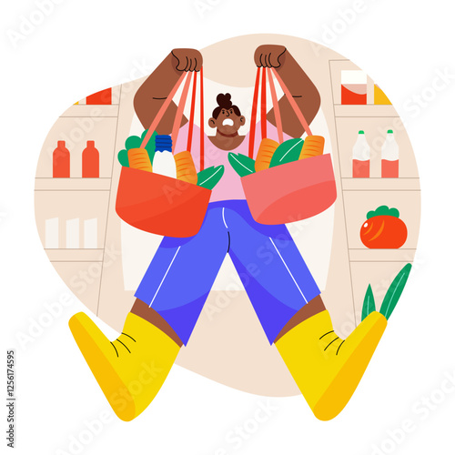 A flat illustration of a character holding heavy bags