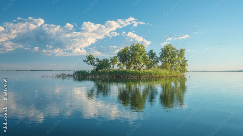 Obraz premium Tranquil Island Surrounded by Reflection on Calm Water under Sky