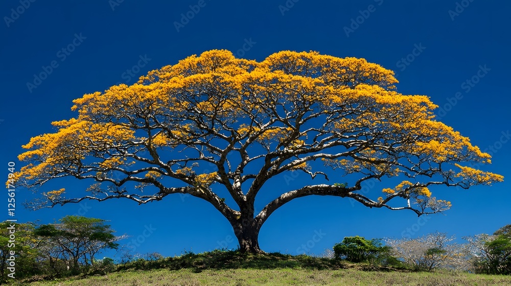 Fototapeta premium Large cassod tree with yellow flowers on a hill surrounded by green grass and blue sky
