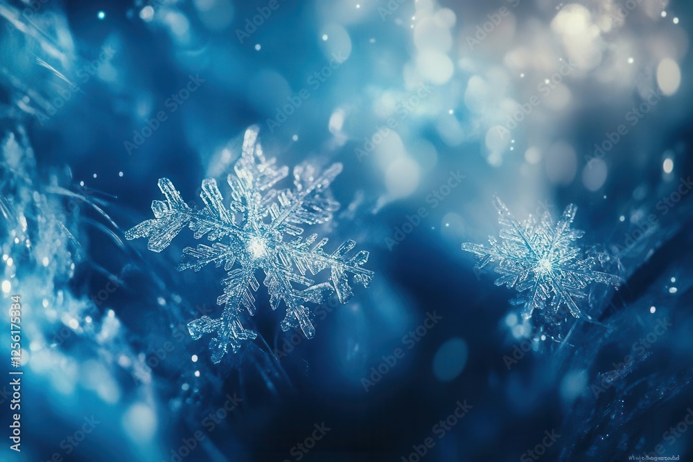 Fototapeta premium ethereal winter forest scene with crystalline snowflakes catching moonlight, creating a magical blue and silver atmosphere