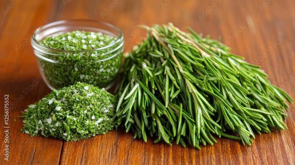Fresh rosemary sprigs and herb salt on wooden table. Fresh rosemary sprigs and herb salt on wooden table.