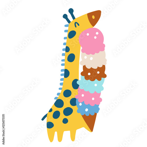 Summer isolated illustration with cute giraffe with big ice cream on the beach. Vector childish hand drawn illustration in simple hand drawn modern style.