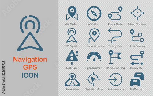 minimalist set of navigation GPS icons with essential symbols like map markers, compasses, traffic alerts, route finders, and more. Ideal for navigation apps, GPS systems, travel websites