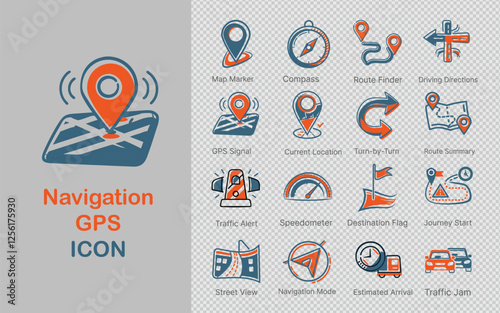 hand-drawn doodle style navigation GPS icon set with GPS signals, current locations, traffic alerts, and route finders. Perfect for adding a playful touch to map applications, GPS trackers, and travel