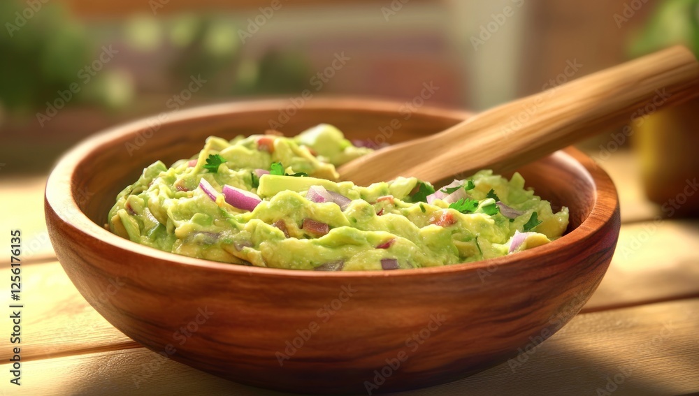 Delicious Homemade Guacamole in a Wooden Bowl Delicious Homemade Guacamole in a Wooden Bowl