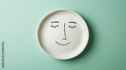 Minimalist ceramic plate with a smiling face illustration on a pastel green background, creative design with copy space.