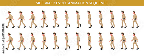 Police Officer Character walk cycle animation sequence. Front walk frame by frame animation sprite sheet