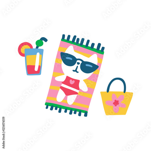 Summer isolated illustration with cute white kitty in swimsuit sunbathing on the beach. Vector childish hand drawn illustration in simple hand drawn modern style.