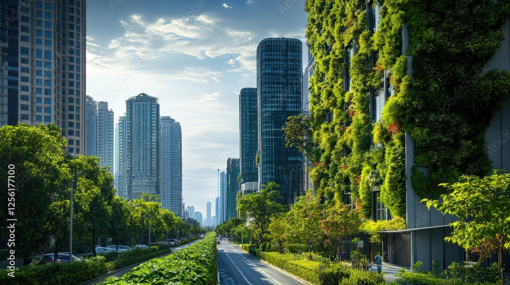 Fototapeta premium A modern cityscape with tall buildings and lush greenery, showcasing a harmonious blend of urban development and nature. The scene is bathed in sunlight, highlighting the vibrant and eco-friendly envi