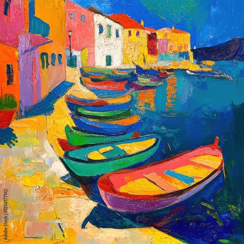 Colorful boats lined along the vibrant shoreline of a Mediterranean village during a sunny day. Generative AI