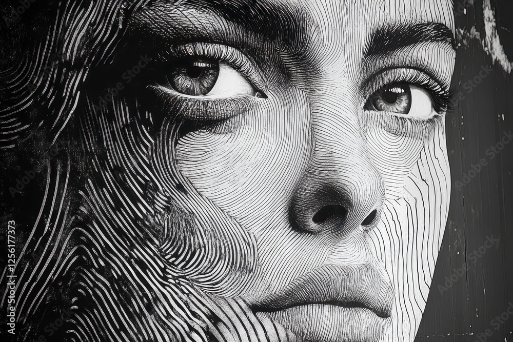 Fototapeta premium Artistic close-up of a female face showcasing intricate line patterns and detailed features in a monochrome style