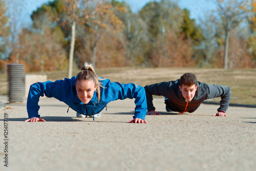 Fitness enthusiasts performing push ups in outdoor setting