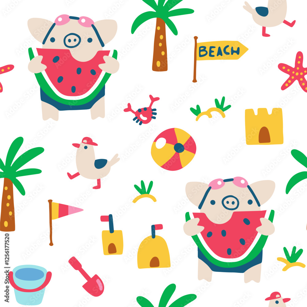 Fototapeta premium Summer seamless pattern with cute pig eating watermelon after swimming and seagulls on the beach walking among sandcastles. Vector childish hand drawn illustration in simple hand drawn modern style.