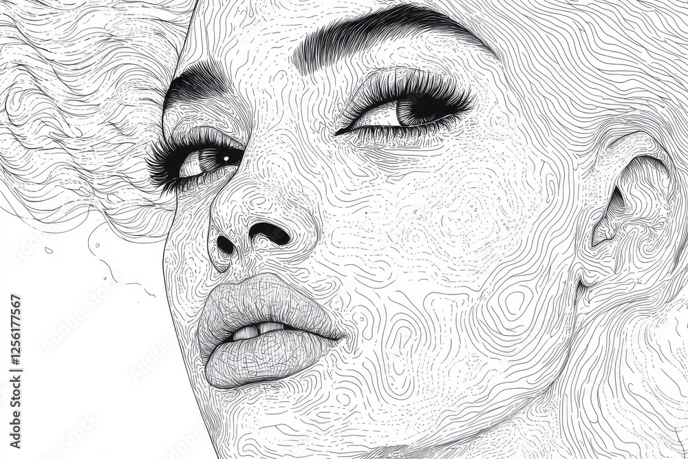 Obraz premium Intricate Line Art Portrait of a Woman with Flowing Hair and Expressive Eyes in Black and White