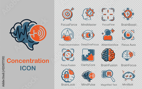 doodle-style focus and concentration icon set featuring brain power, attention, focus flow, and more