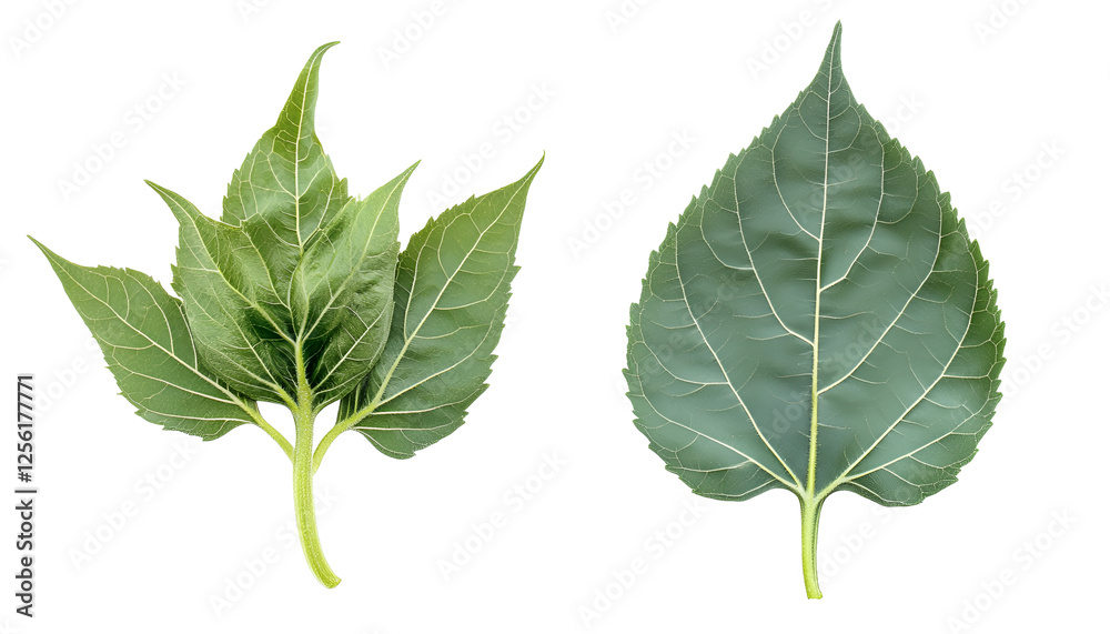 Fototapeta premium Green sunflower leaves isolated on white, set