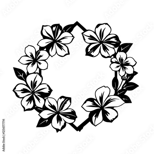 Black and white minimalist floral wreath, featuring plumeria, creating a graphic and elegant composition on a white background.