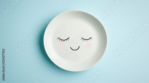 Minimalist white plate with a peaceful smiling face on pastel blue background, calm and cozy table setting.
