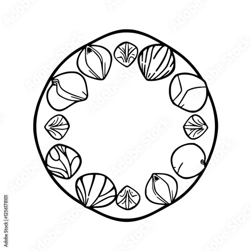 Black and white artwork, an abstract arrangement of hazelnuts enclosed in a circular border of abstract shapes and patterns.