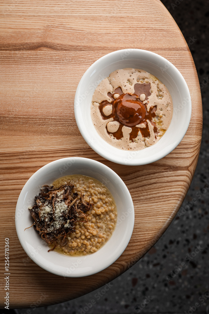 Rustic Grain Dishes on a Wooden Table with a Minimalist Setting Rustic Grain Dishes on a Wooden Table with a Minimalist Setting