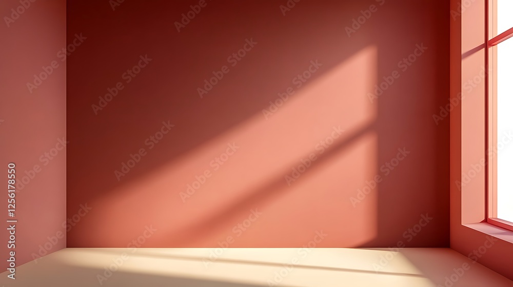 Fototapeta premium Sunlit room, coral walls, beige floor, window
