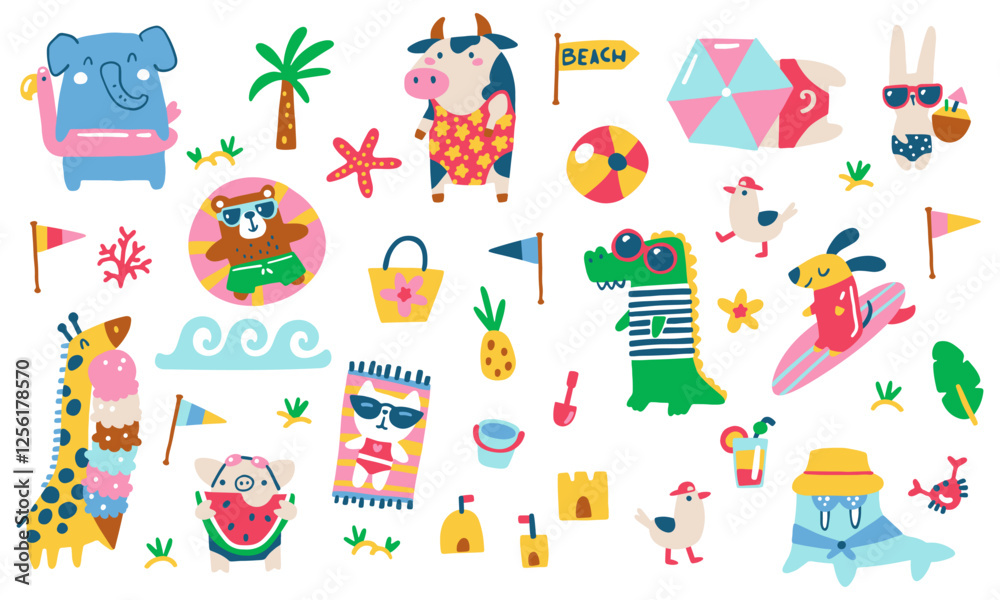 Fototapeta premium Summer Collection of Funny Animals on the Beach in Quirky Swimwear with Various Relaxation Elements. Vector Childish Hand-Drawn Illustration in Simple Modern Cartoon Style.
