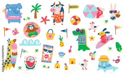 Summer Collection of Funny Animals on the Beach in Quirky Swimwear with Various Relaxation Elements. Vector Childish Hand-Drawn Illustration in Simple Modern Cartoon Style.