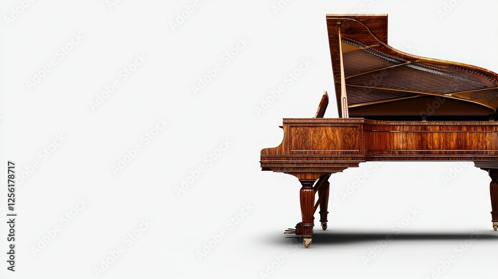 Antique grand piano, side view, isolated on white background, for music or interior design Antique grand piano, side view, isolated on white background, for music or interior design