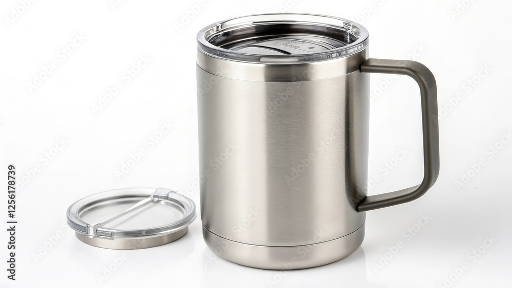 Stainless Steel Mug with Lid and Handle, Isolated on White Background Stainless Steel Mug with Lid and Handle, Isolated on White Background