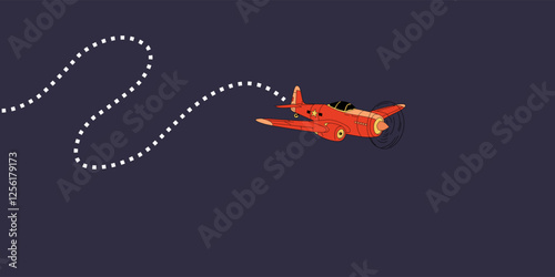 Retro red plane soaring through dark blue, leaving dotted trail. Classic design, propeller, evokes nostalgia, adventure.