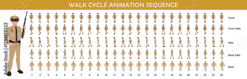 Police Officer Character walk cycle animation sequence. Front walk frame by frame animation sprite sheet